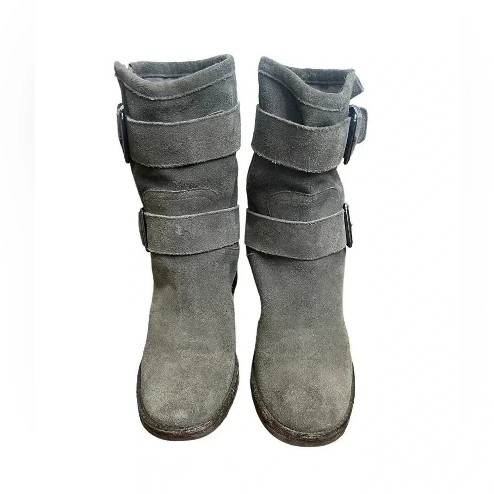 Sam Edelman Troy Gray Suede Buckle Moto  Boots Women’s size 7.5 - Picture 2 of 16